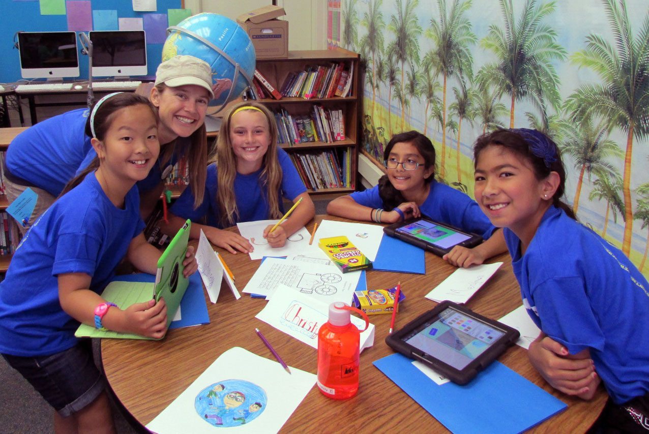 Teacher and students gathered round a desk